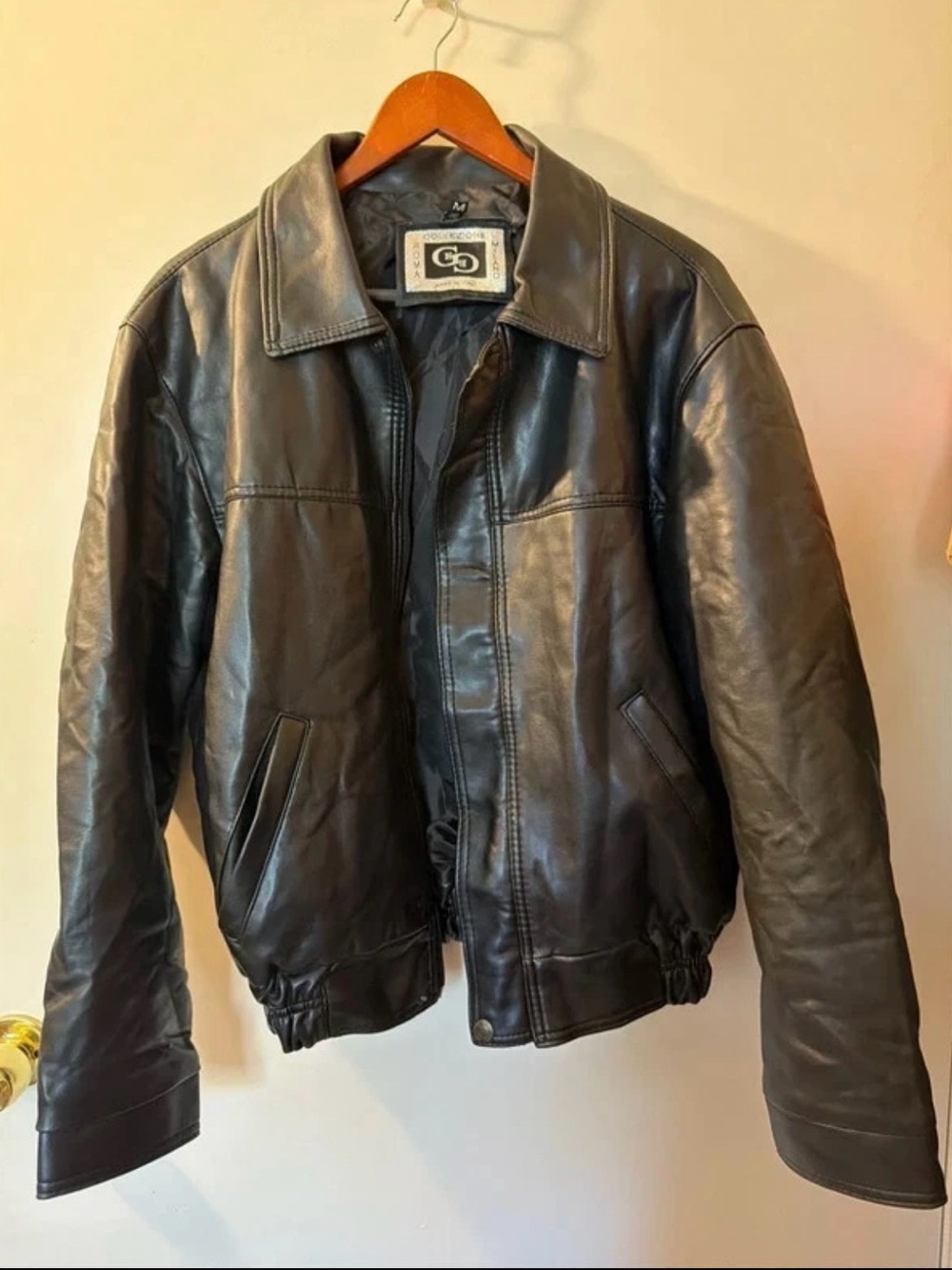 Milano Black Leather Bomber Jacket with Fold Collar